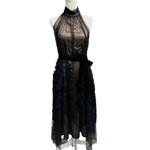 Alex Marie NWT Petite Joelle Black Mesh/Lace Embroidered Halter Dress 4 Petite - Picture 1 of 14